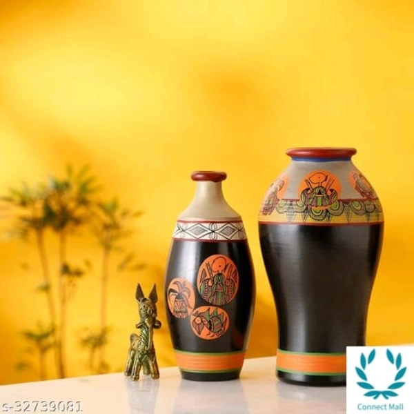 Earthen Vases Handpainted in Madhubani Tattoo Art Material: Handicraft - Black, Handmade, Pack Of 2